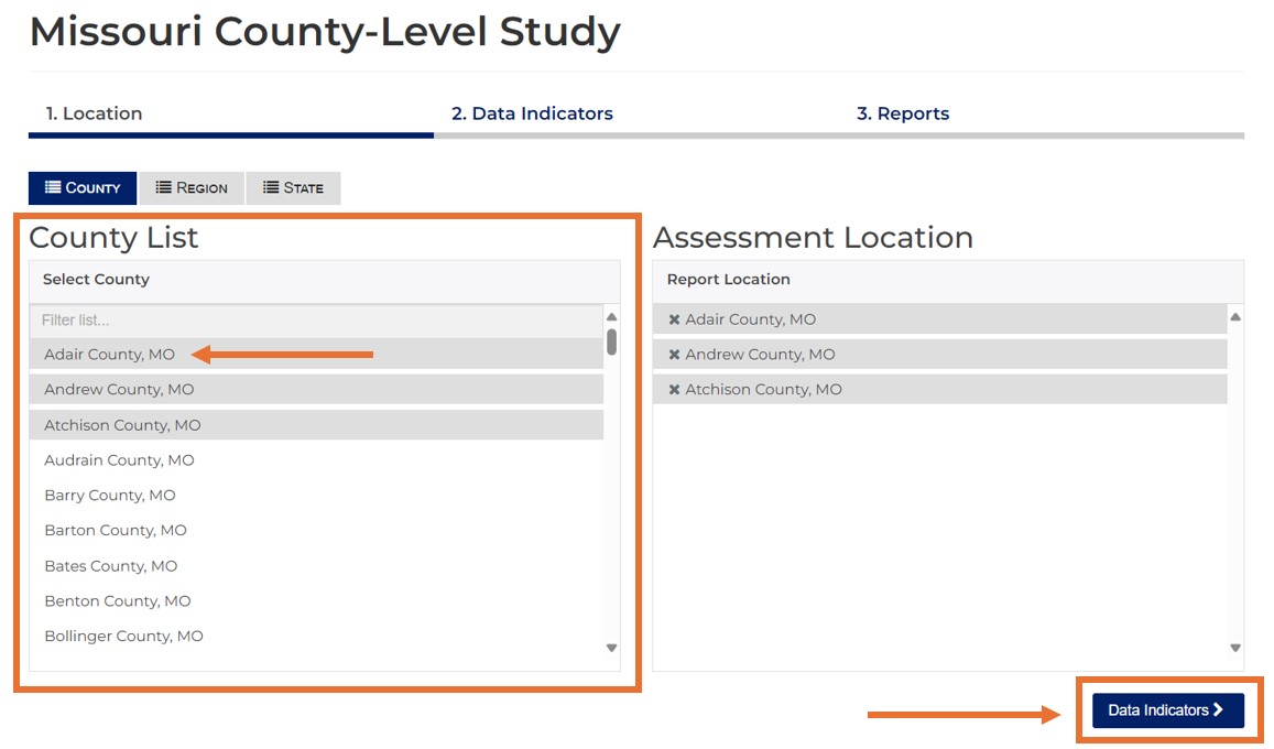 The Location page of the report interface with the county list highlighted.