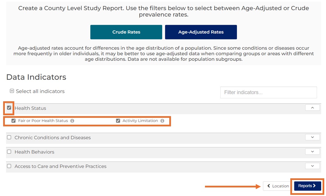 The Data Indicators page of the report interface with an indicator category highlighted.