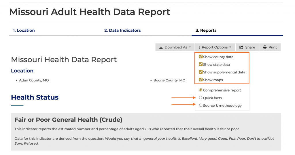 The report options dropdown in the report