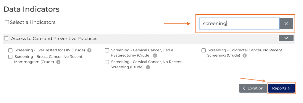 The word screening is typed into the indicator search bar, filtering the search results