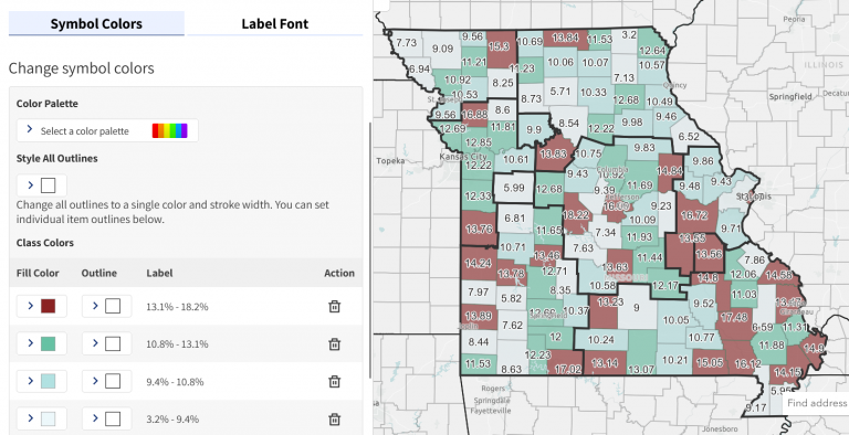 Customize Map Tool example Window with map customizer tool pane and map of Missouri counties. Customizer pane shows options for fill color, outline, and label for a list of 4 legend classes. The top legend class has a red fill color while the other three have green fill colors. The map shows counties shaded in red and green.